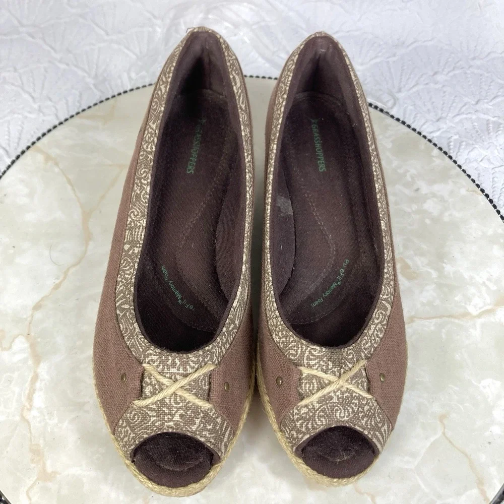 Grasshoppers Peep Toe Espadrille Wedge Shoes Women 8 Brown Comfort Slip On Heels - Picture 4 of 12